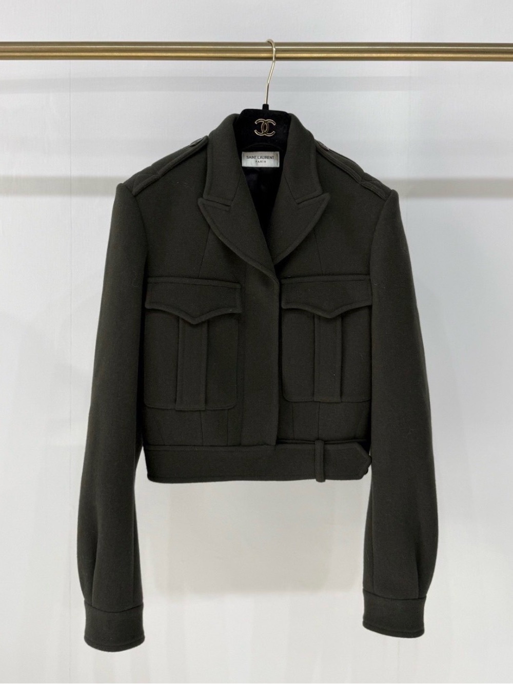 Saint Laurent Dark Olive Wool Military Crop Jacket